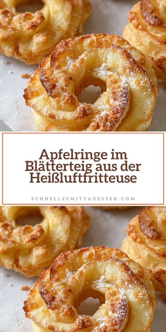 Apfelringe im Blätterteig aus der Heißluftfritteuse, lecker und knusprig.