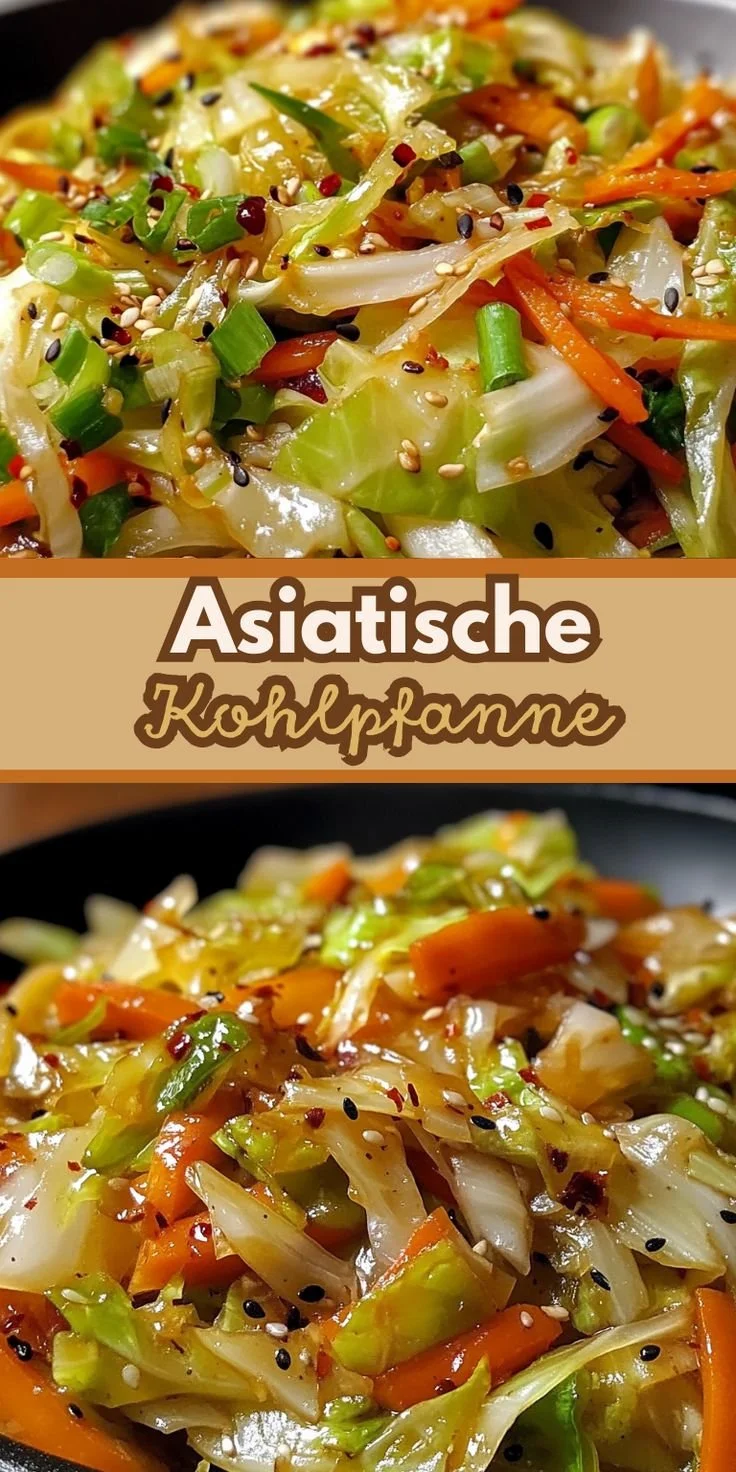 Asiatische Kohlpfanne mit frischem Gemüse und Gewürzen auf einem Teller.