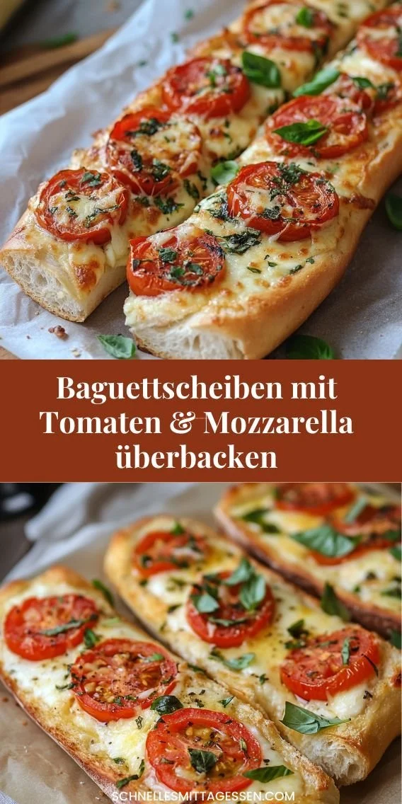 Überbackene Baguettscheiben mit Tomaten und Mozzarella auf einem Teller