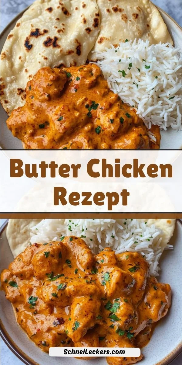Cremiges Butter Chicken Gericht mit Reis auf einem Teller serviert