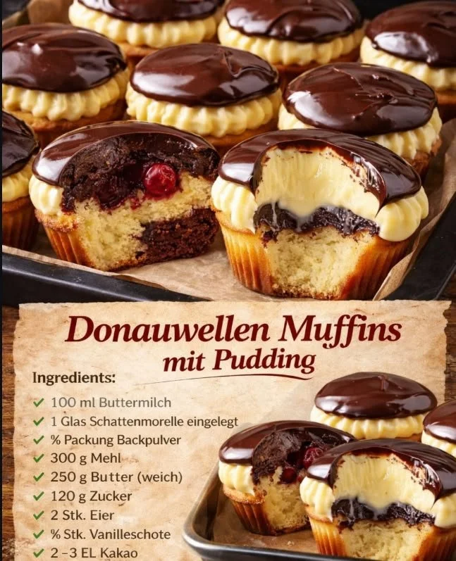 Cremige Donauwellen Muffins auf einem Teller mit dekorativem Topping