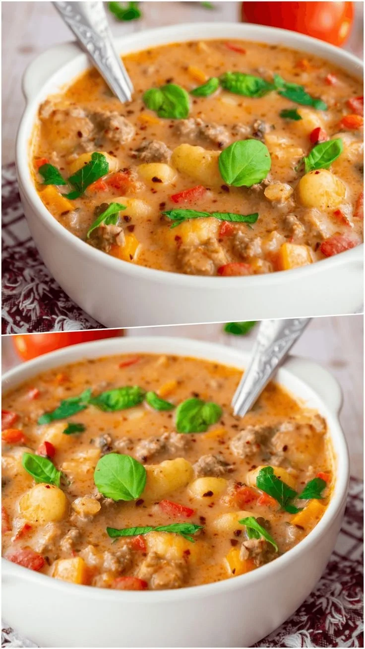 Cremige Gnocchi-Hackfleisch-Suppe in einer Schüssel