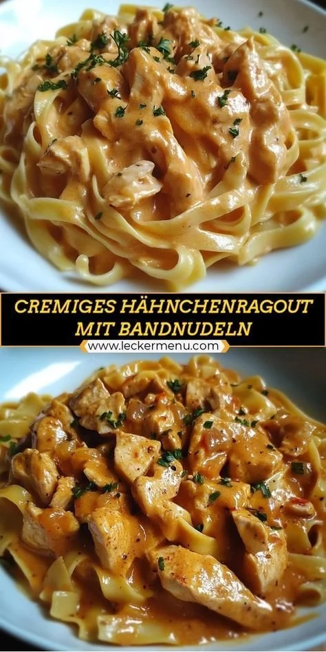 Cremiges Hähnchenragout serviert mit Bandnudeln auf einem Teller