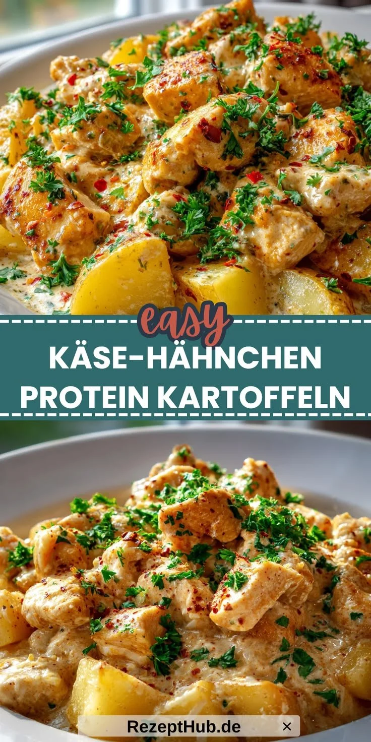 Cremiges Käse-Hähnchen mit Kartoffeln auf einem Teller serviert