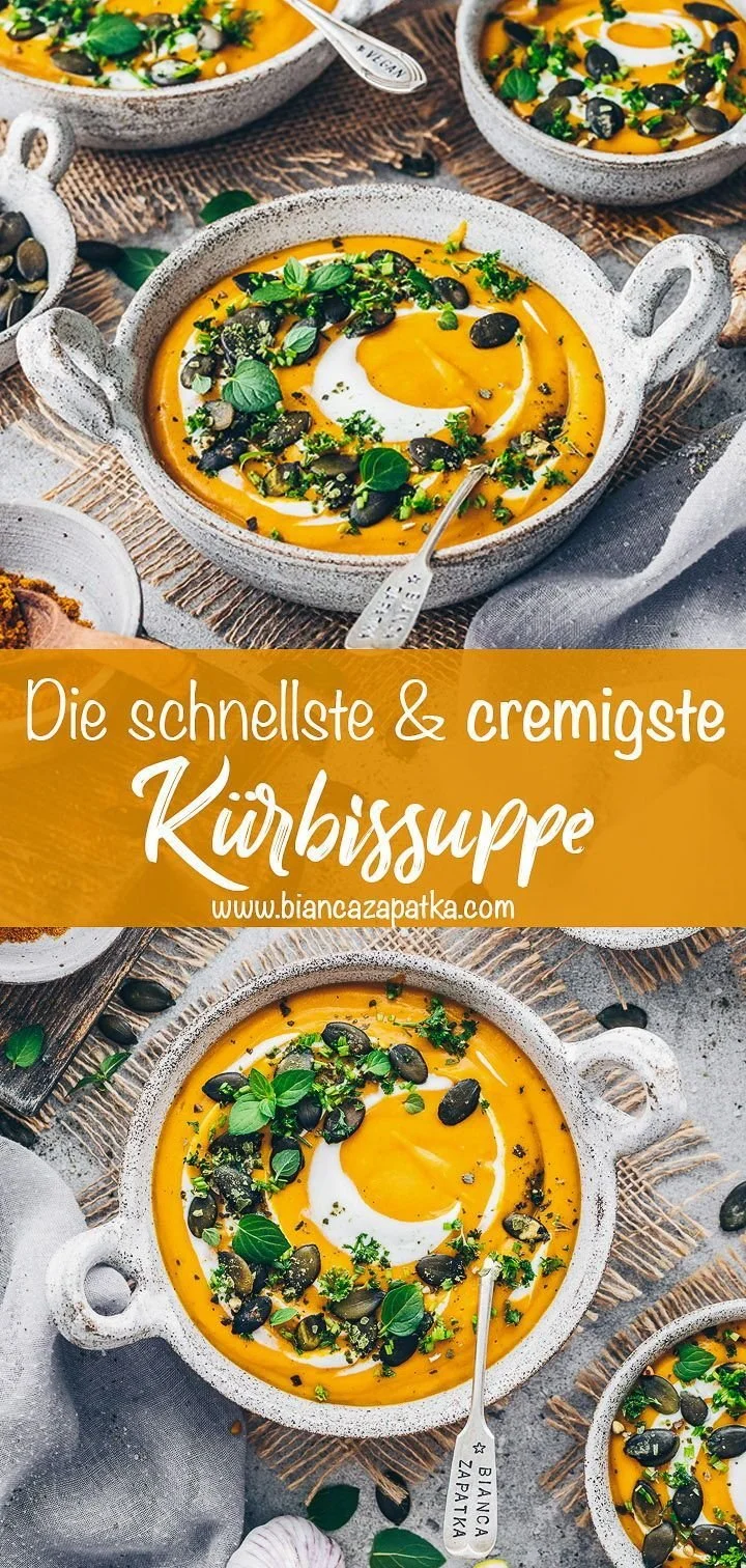 Schüssel mit cremiger, veganer Kürbissuppe, einfach zubereitet.