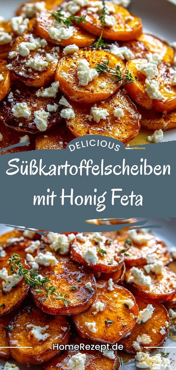 Leckere Süßkartoffelscheiben mit Honig und Feta im Auflauf