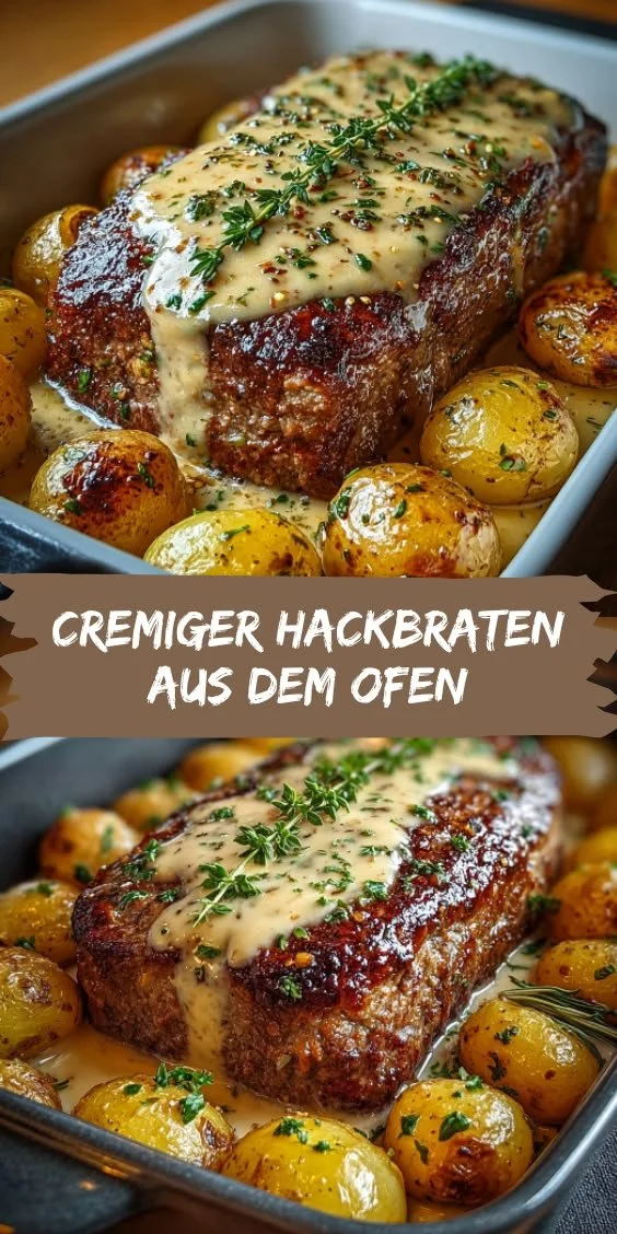 Cremiger Hackbraten mit Kartoffeln auf einem Teller angerichtet