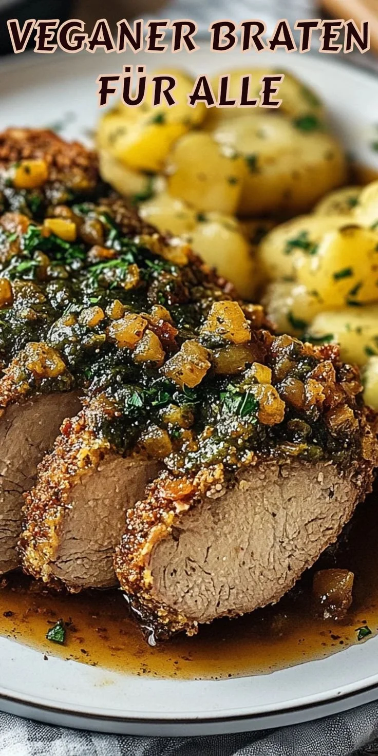 Einfache Zubereitung eines leckeren veganen Bratens auf dem Tisch