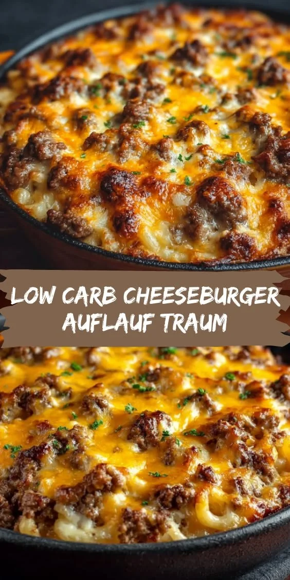 Leckerer Low Carb Cheeseburger Auflauf, garniert und serviert auf einem Teller.