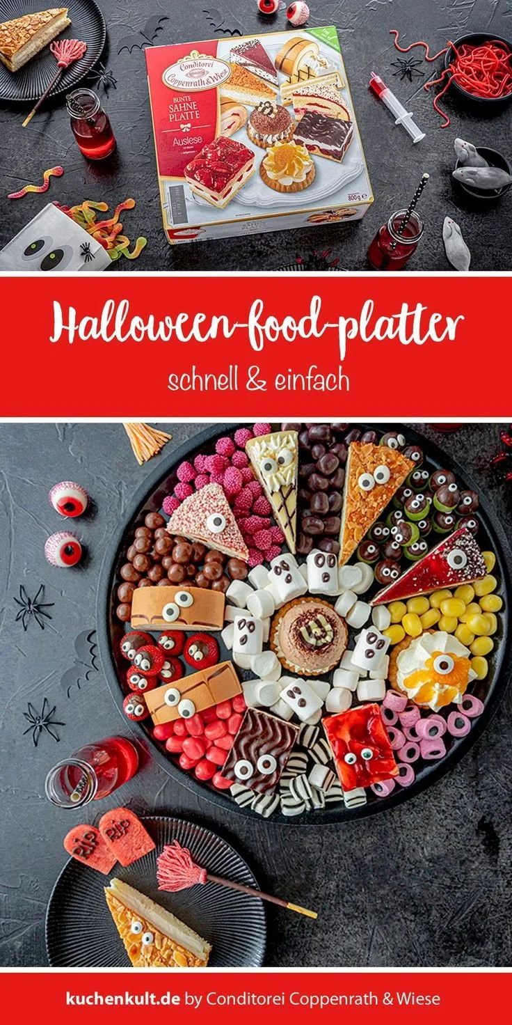 Gruselige Halloween Platter mit Snacks und Dekoration für die Party