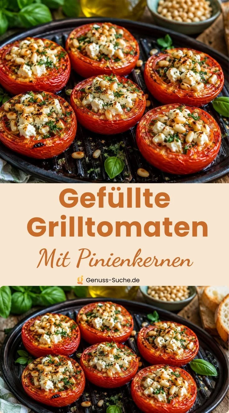 Gefüllte Grilltomaten mit Pinienkernen auf einem Grill, Köstlichkeit