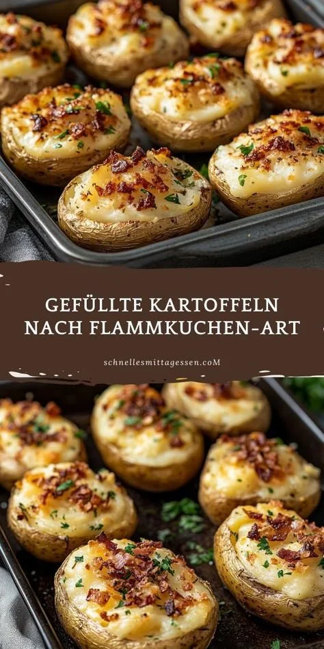 Gefüllte Kartoffeln nach Flammkuchen-Art auf einem Teller