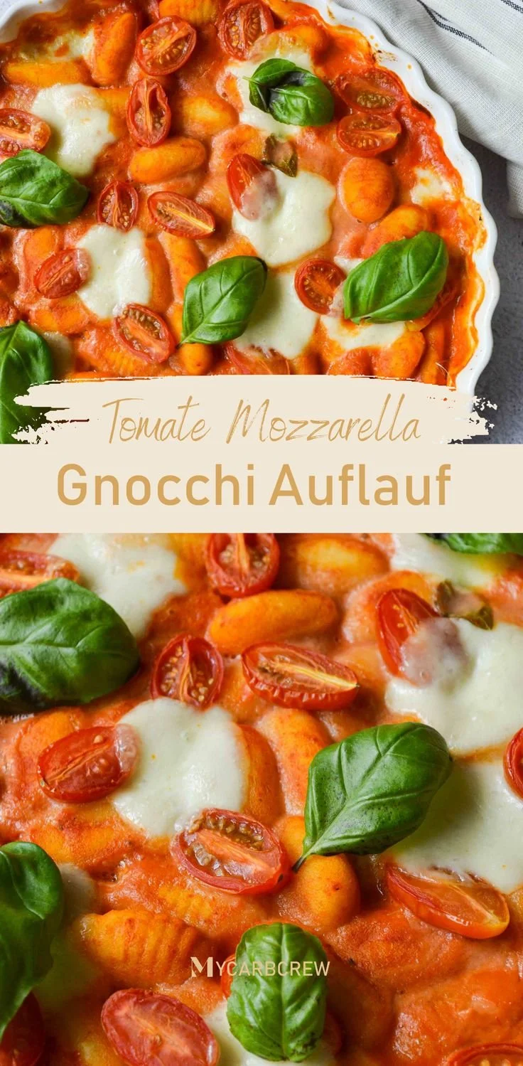 Gnocchi Auflauf mit Tomate und Mozzarella, frisch gebacken und serviert.
