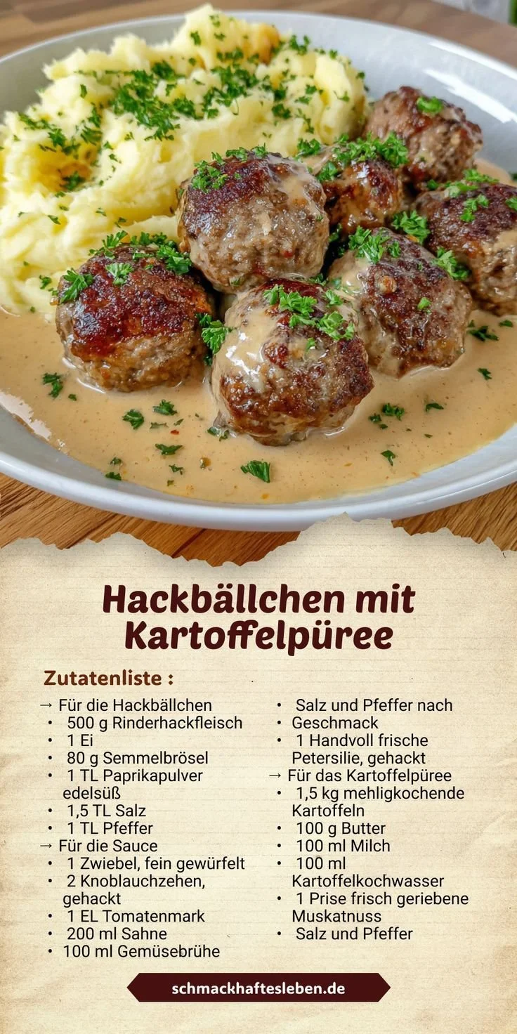 Hackbällchen mit Kartoffelpüree auf einem Teller serviert