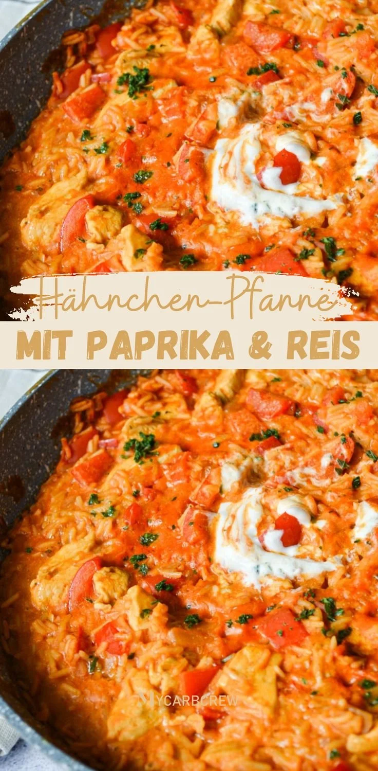 Hähnchen-Pfanne mit Paprika und Reis auf einem Teller serviert