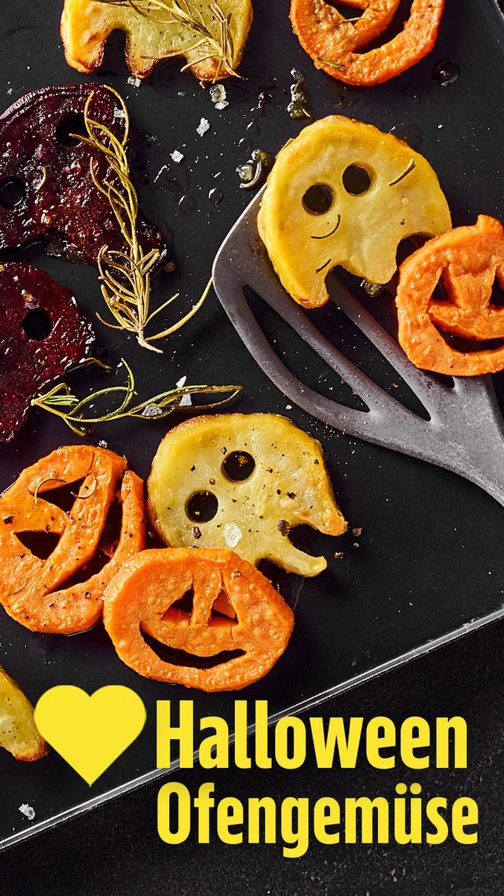 Leckeres Halloween-Ofengemüse aus dem Ofen, herbstlich zubereitet.