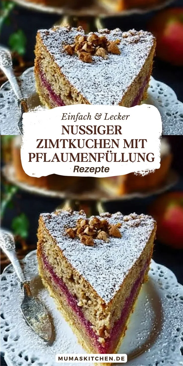 Zimtkuchen mit Pflaumen und Haselnüssen auf einem festlichen Tisch