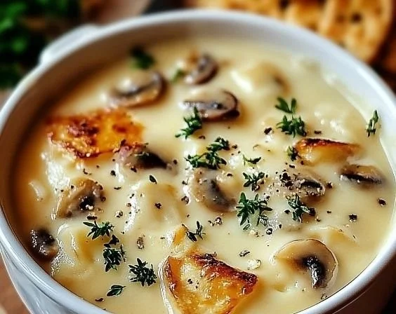 Schüssel mit cremiger Hüttenkäse-Pilzsuppe auf einem Tisch