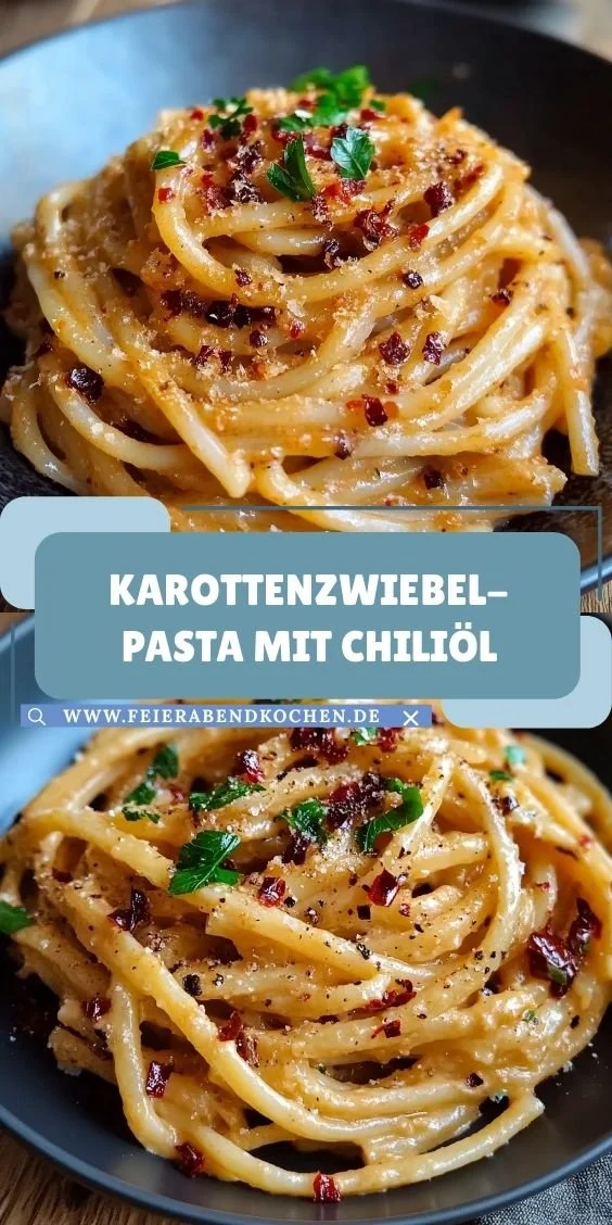 Schale mit Karottenzwiebel-Pasta und Chiliöl dekoriert mit frischen Kräutern
