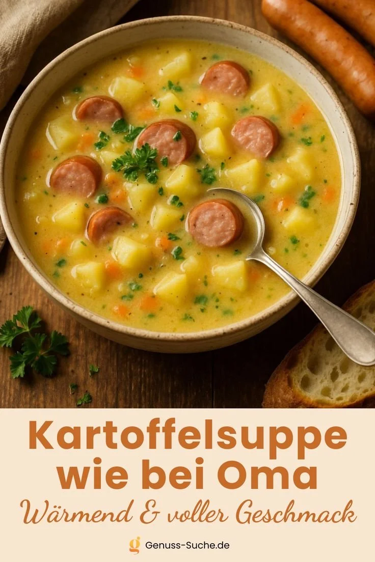 Schüssel mit Kartoffelsuppe und Würstchen, traditionell wie bei Oma gekocht.
