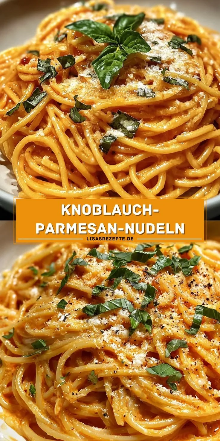 Schüssel mit Knoblauch-Parmesan-Nudeln, serviert mit frischen Kräutern.