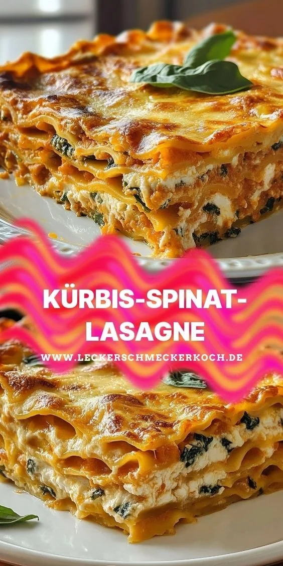 Kürbis-Spinat-Lasagne mit geschmolzenem Käse und frischen Zutaten