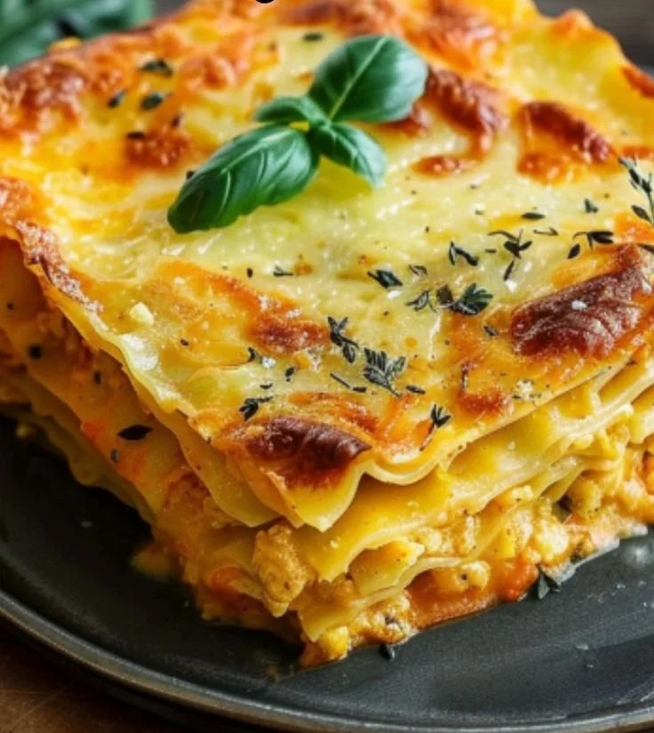 Kürbislasagne auf einem Teller, garniert und bereit zum Servieren.