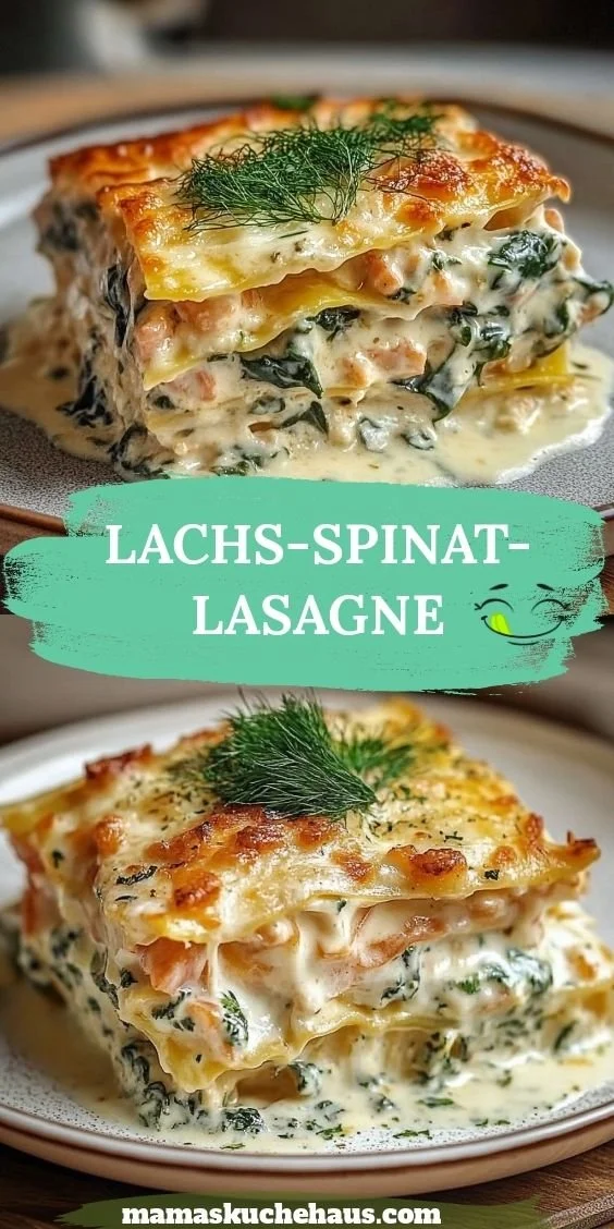 Lachs-Spinat-Lasagne mit frischem Spinat und zartem Lachs geschichtet in Sauce.