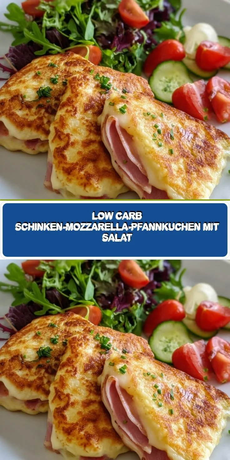 Leckere Low Carb Schinken-Mozzarella-Pancakes auf einem Teller serviert.