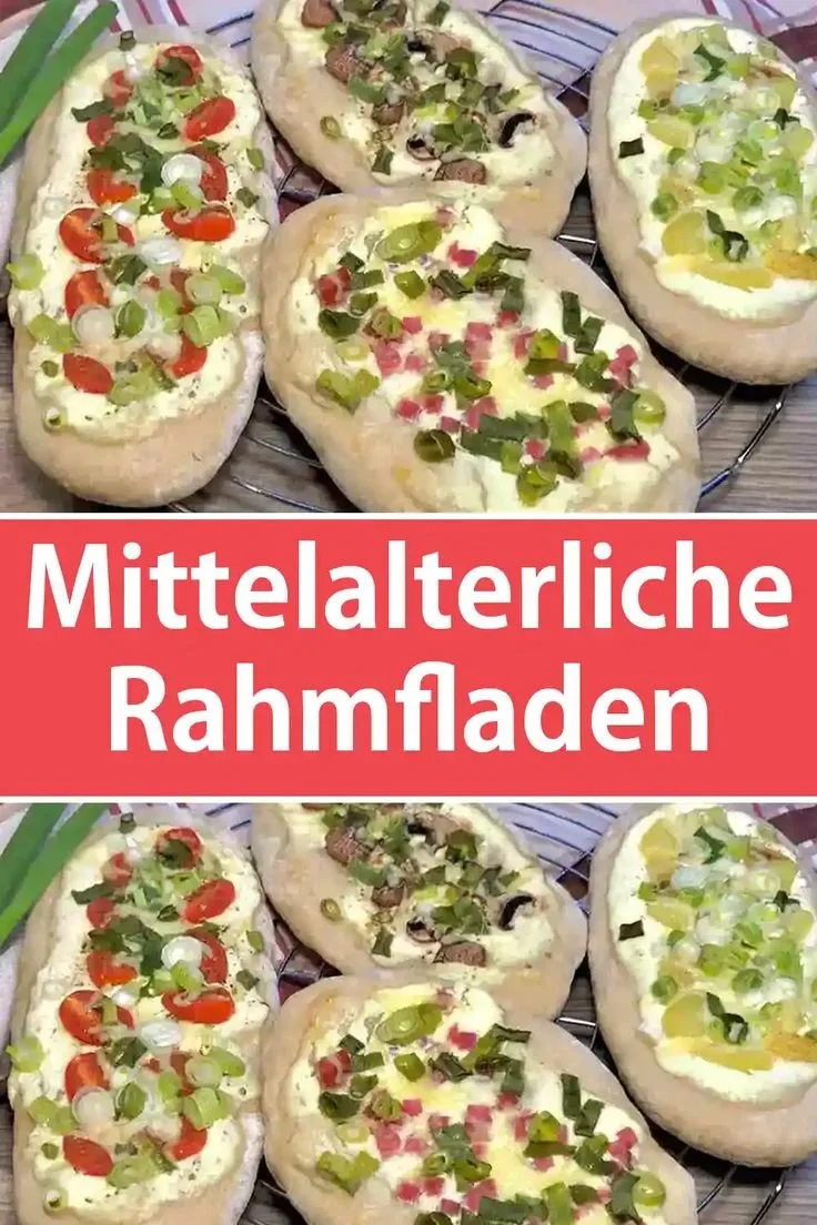Mittelalterliche Rahmfladen mit frischen Zutaten und Gewürzen.
