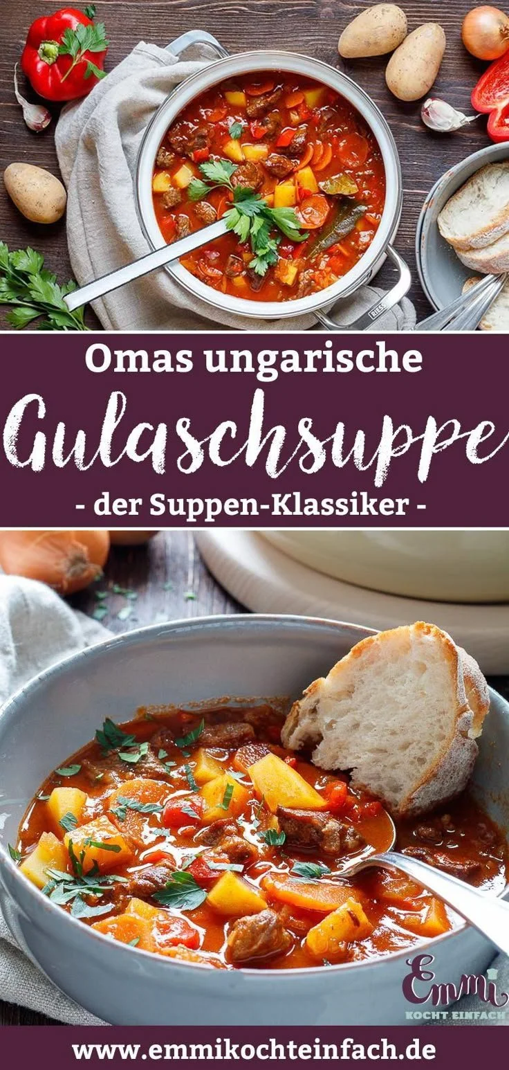 Omas ungarische Gulaschsuppe mit frischen Zutaten in einem Topf