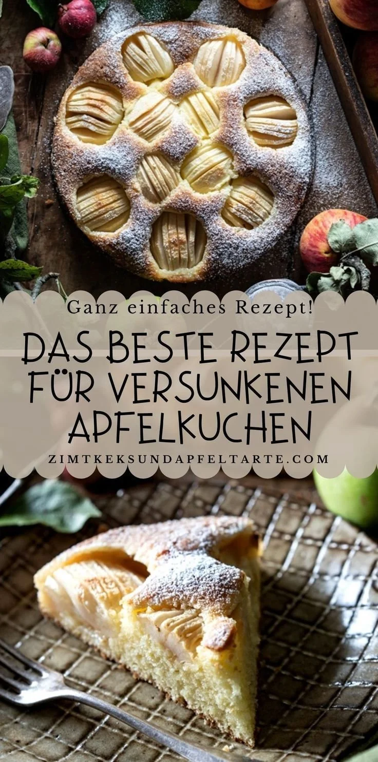 Omas saftiger versunkener Apfelkuchen auf einem Teller, frisch gebacken.
