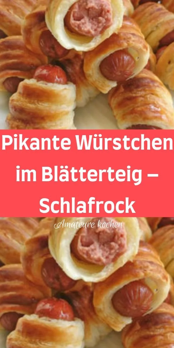 Pikante Würstchen im Blätterteig auf einem Teller serviert.