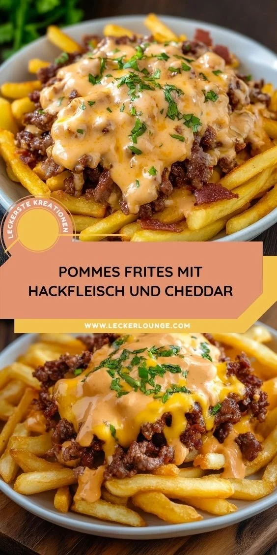 Pommes frites mit Hackfleisch und Cheddar auf einem Teller serviert