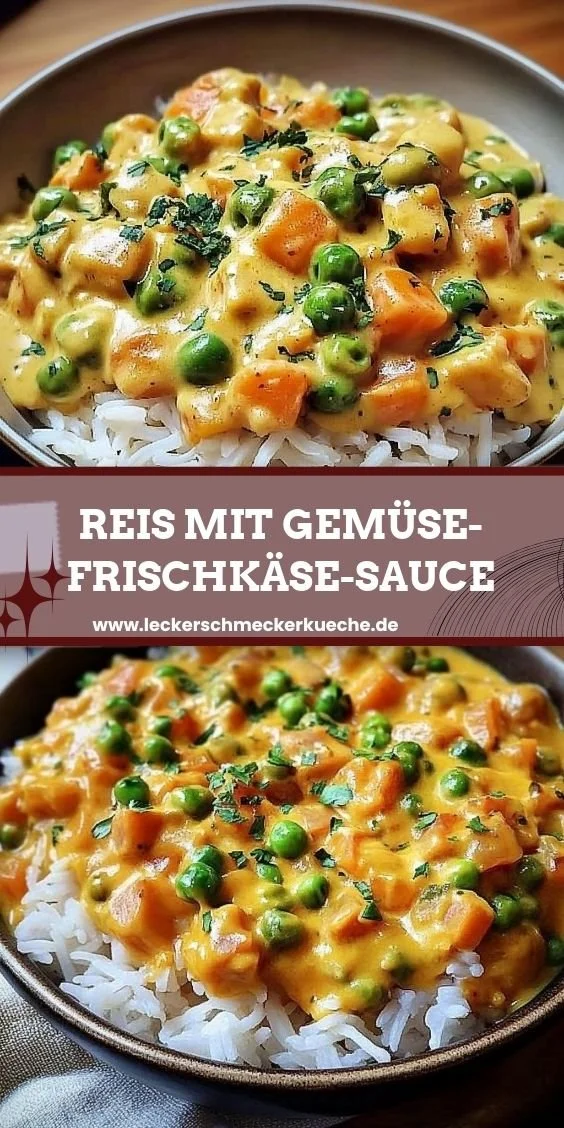 Schale mit Reis und Gemüse-Frischkäse-Sauce