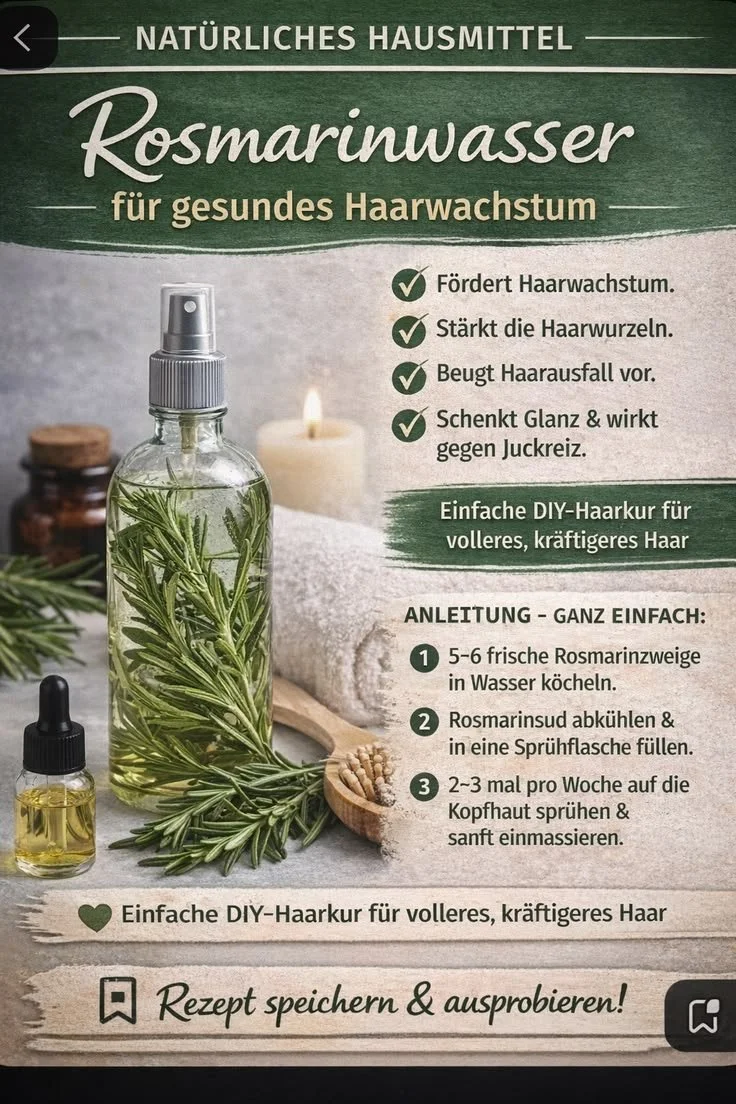 Flasche Rosmarinwasser für Haarwachstum mit frischen Rosmarinzweigen