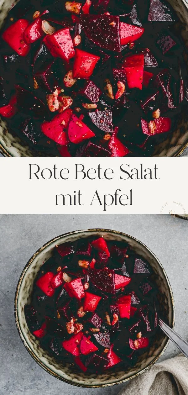 Rote Bete Salat mit Apfel auf einem Teller, garniert mit frischen Kräutern