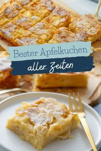 Saftiger Apfelkuchen vom Blech auf einem Teller serviert