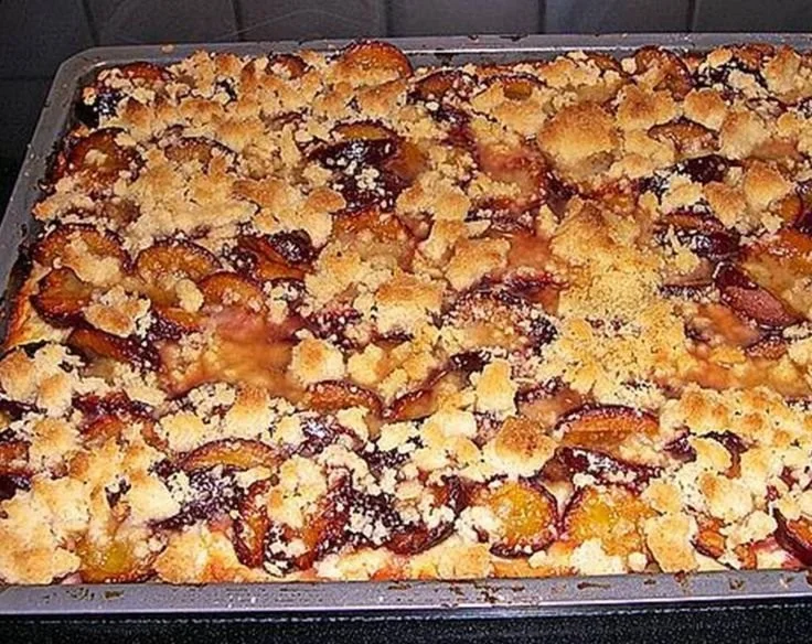 Schneller Pflaumenkuchen vom Blech mit saftigen Pflaumen und goldbraunem Teig.