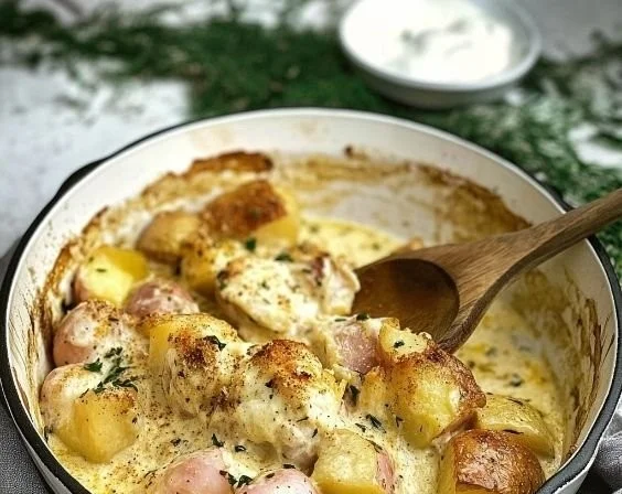 Schwedische Kartoffeln auf einem Teller mit Kräutern garniert