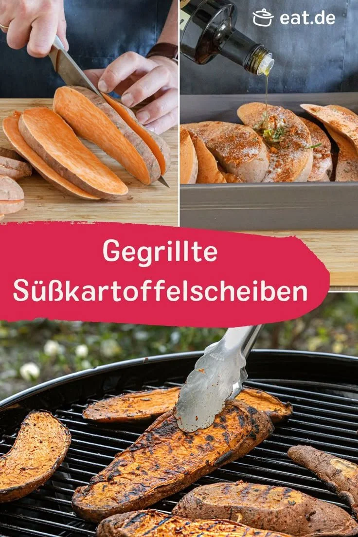Gegrillte Süßkartoffelscheiben auf dem Grill.