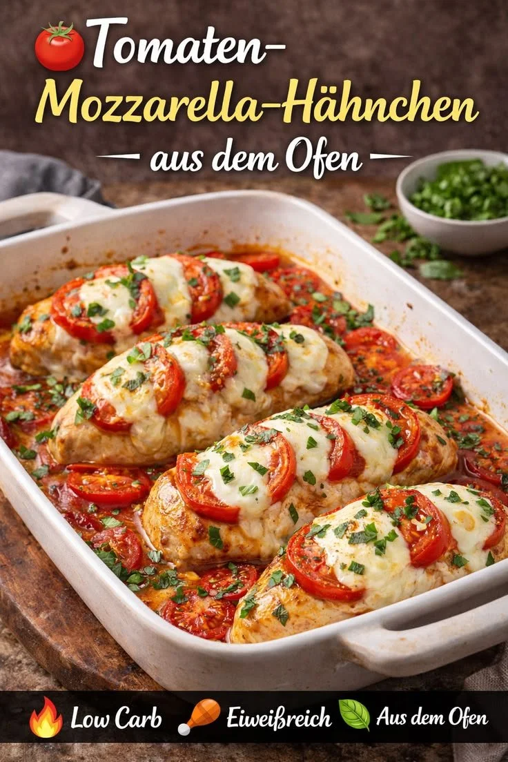 Tomaten-Mozzarella-Hähnchen aus dem Ofen, lecker und saftig, serviert auf einem Teller