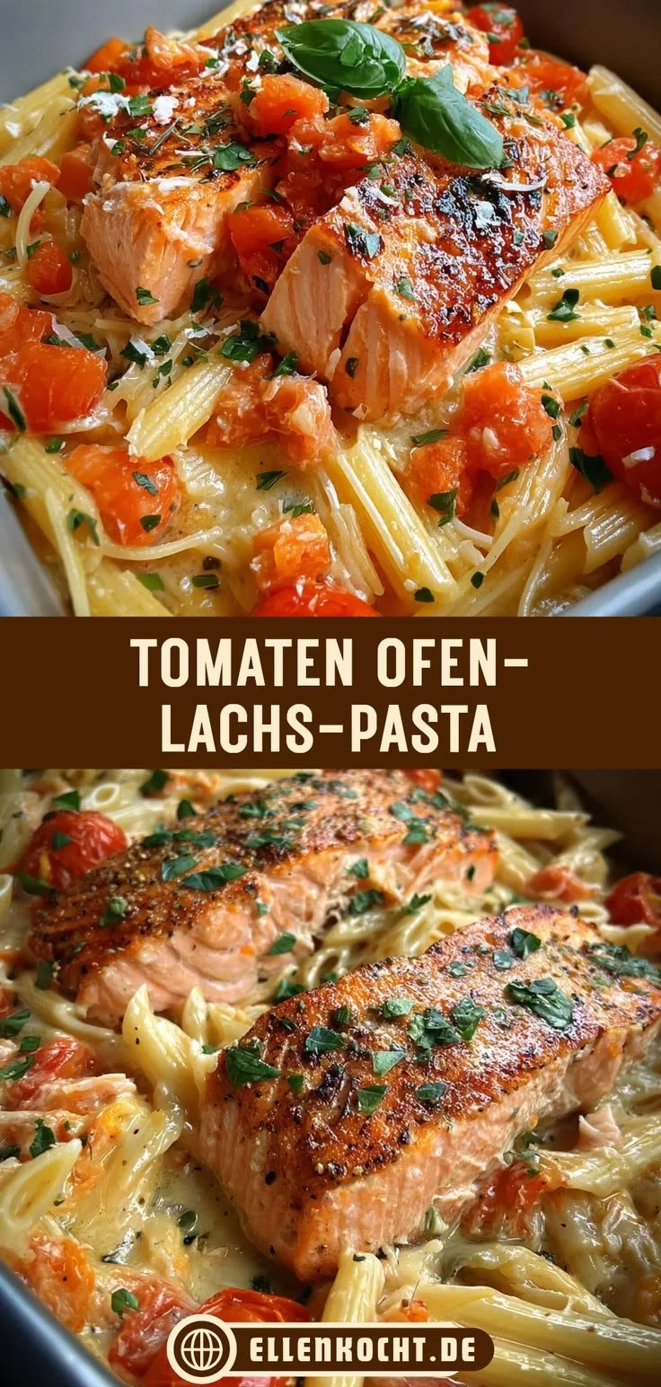 Tomaten Ofen-Lachs-Pasta serviert in einem weißen Teller mit frischen Kräutern