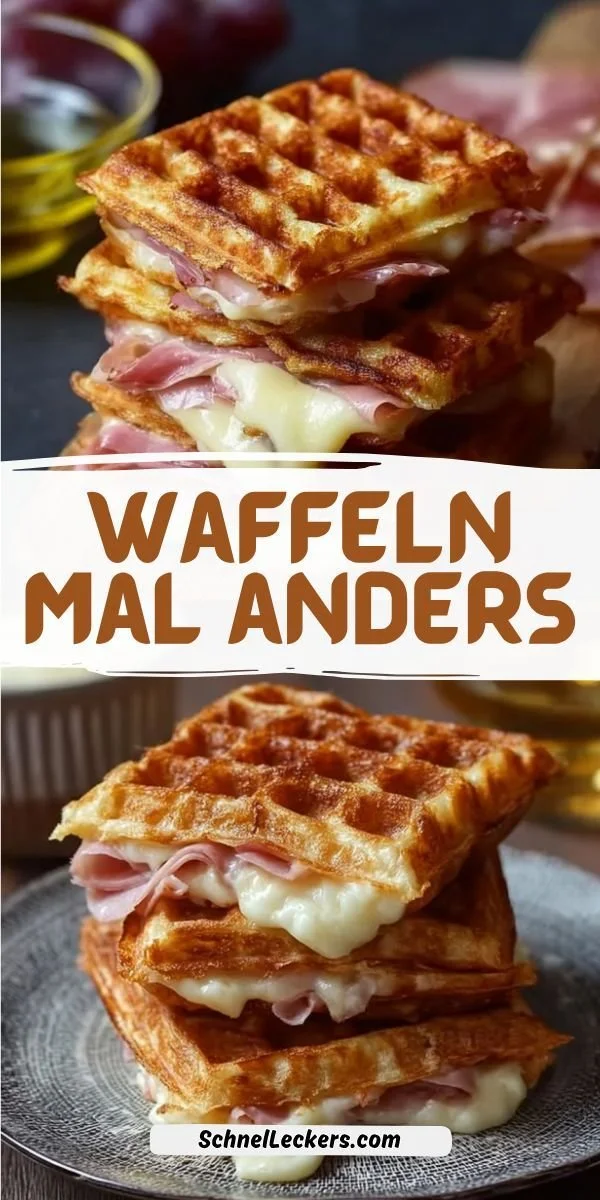 Herzhafte Waffeln mit Schinken und Käse auf einem Teller