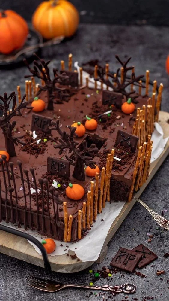 Fröhlicher Halloween-Kuchen mit Kürbis-Dekoration für Kinderpartys