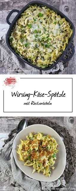 Wirsing-Käse-Spätzle auf einem Teller, garniert mit frischen Kräutern