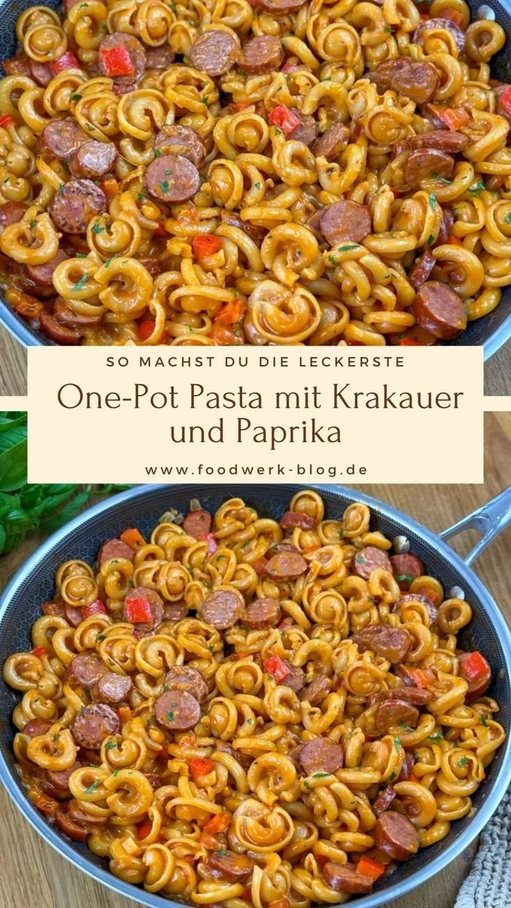 Würzige One-Pot Pasta mit Krakauer und Paprika in einem Topf zubereitet