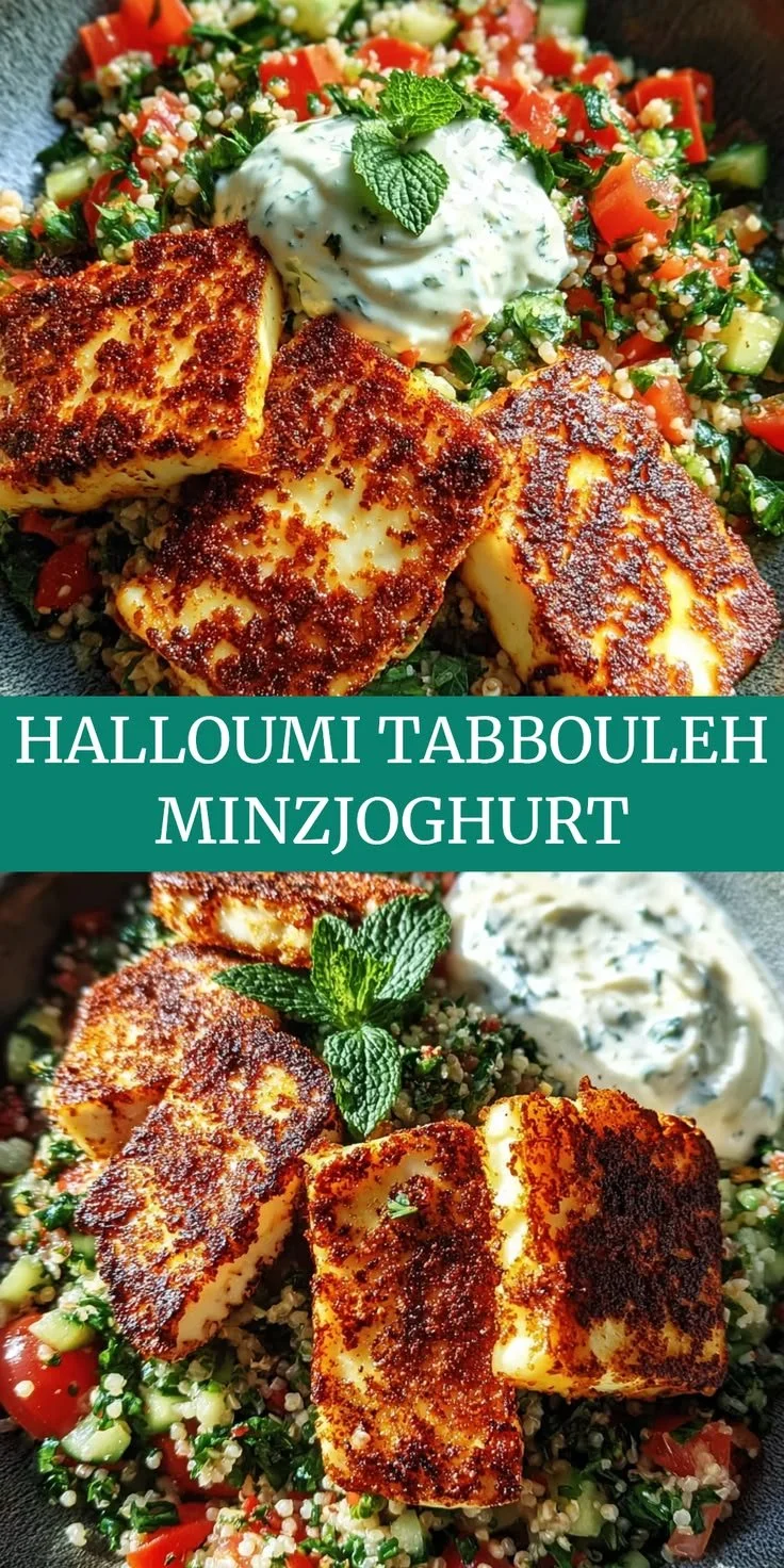 Würziger Halloumi mit Tabbouleh und Minzjoghurt auf einem schönen Teller